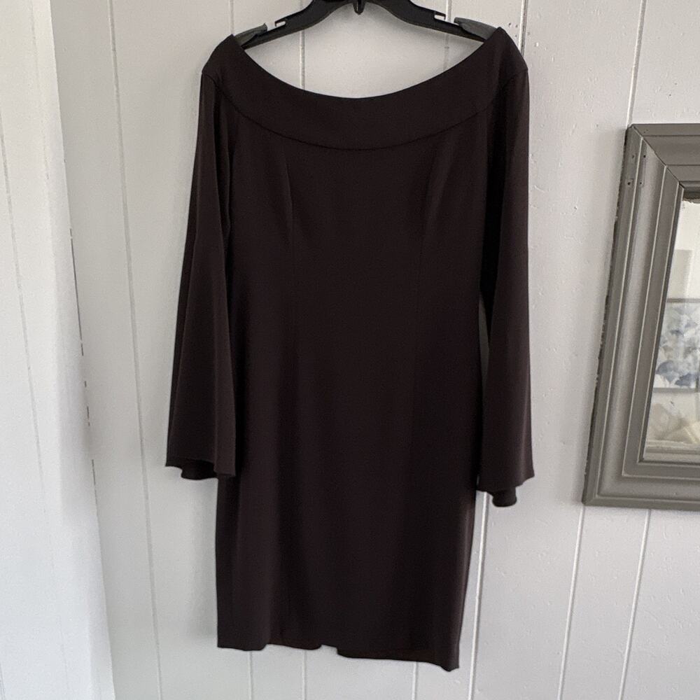 Tom and Linda Platt Brown Solid Boat Neck Sheath Knee Dress Zip Size 8 - Picture 2 of 9